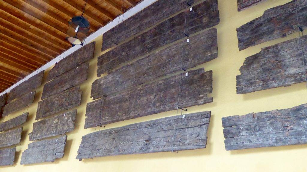 Some of the original beams carved by the Visigoths on display in the courtyard.